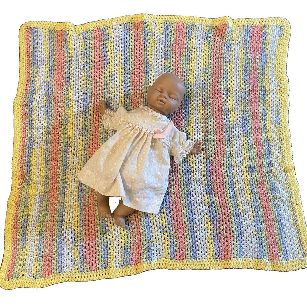 Handmade Crocheted Baby Afghan Blanket Throw Pink Blue Yellow & Green Pastel
